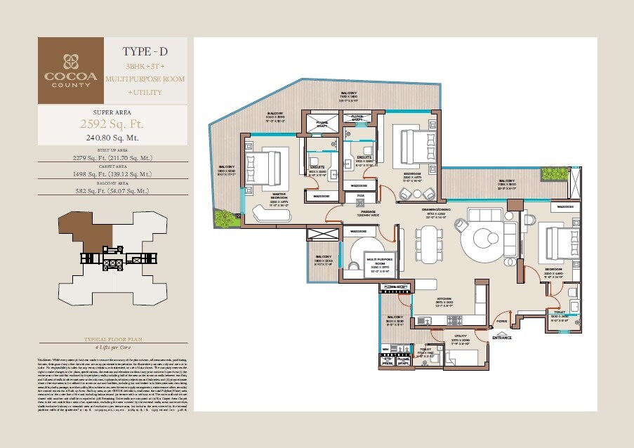 Floor plan of 3 BHK 2592 Sq. Ft. Apartment in Cocoa County, Gurgaon