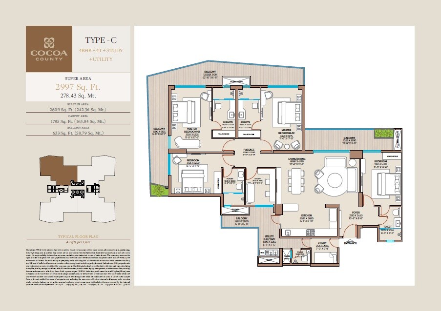 Floor plan of 4 BHK 2997 Sq. Ft. Apartment in Cocoa County, Gurgaon