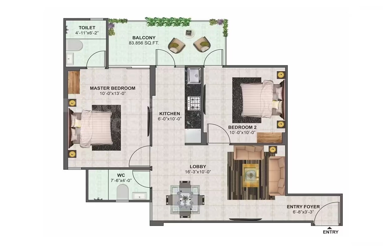 Floor plan of 2 BHK 650 Sq. Ft. Apartment in Conscient Habitat, Gurgaon