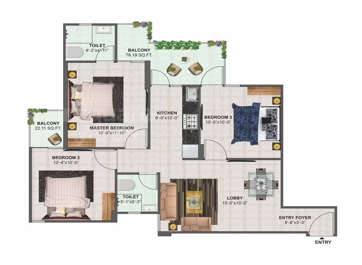 Floor plan of 3 BHK 950 Sq. Ft. Apartment in Conscient Habitat, Gurgaon