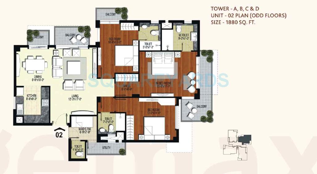 Floor plan of 3 BHK Apartment - 1880 sq. ft. in Conscient Heritage Max, Gurgaon