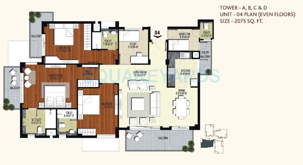 Floor plan of 3 BHK Apartment - 2075 sq. ft. in Conscient Heritage Max, Gurgaon