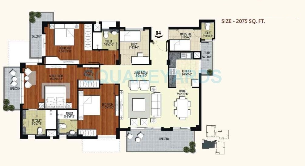 Floor plan of 3 BHK 2075 Sq. Ft. Apartment in Conscient Heritage Max II, Gurgaon