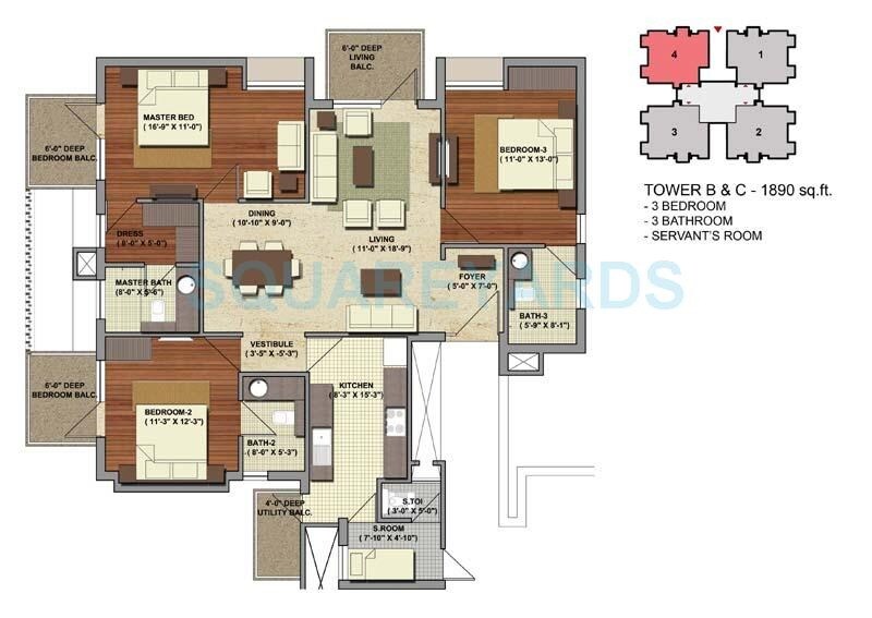 Floor plan of 3 BHK 1890 Sq. Ft. Apartment in Conscient Heritage One, Gurgaon