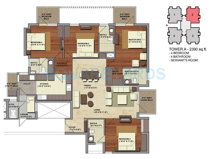 Floor plan of 4 BHK 2390 Sq. Ft. Apartment in Conscient Heritage One, Gurgaon