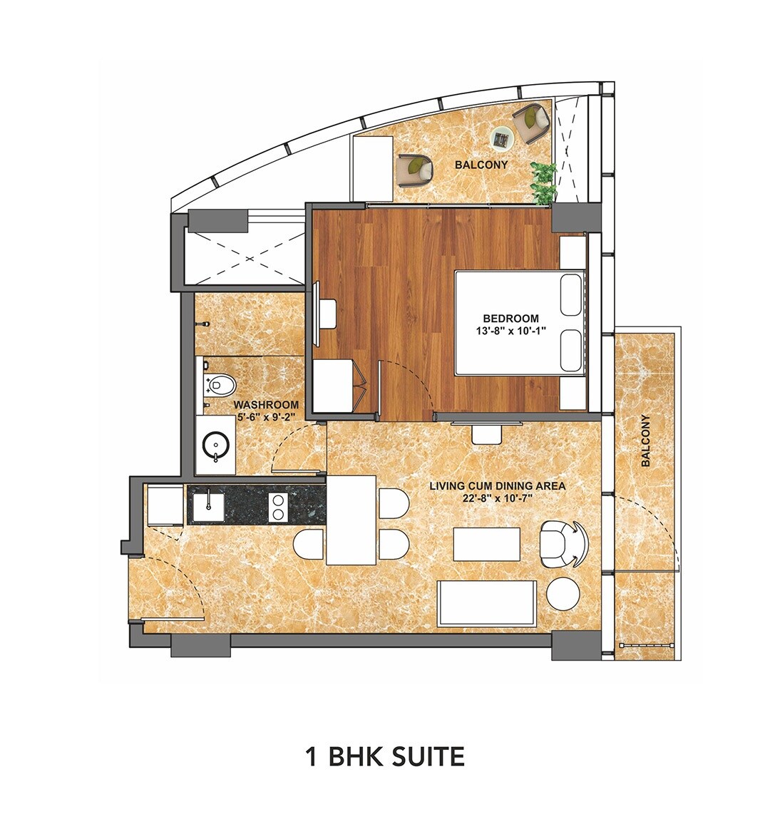 Floor plan of 1 BHK 795 Sq. Ft. Apartment in Conscient One Service Apartment, Gurgaon
