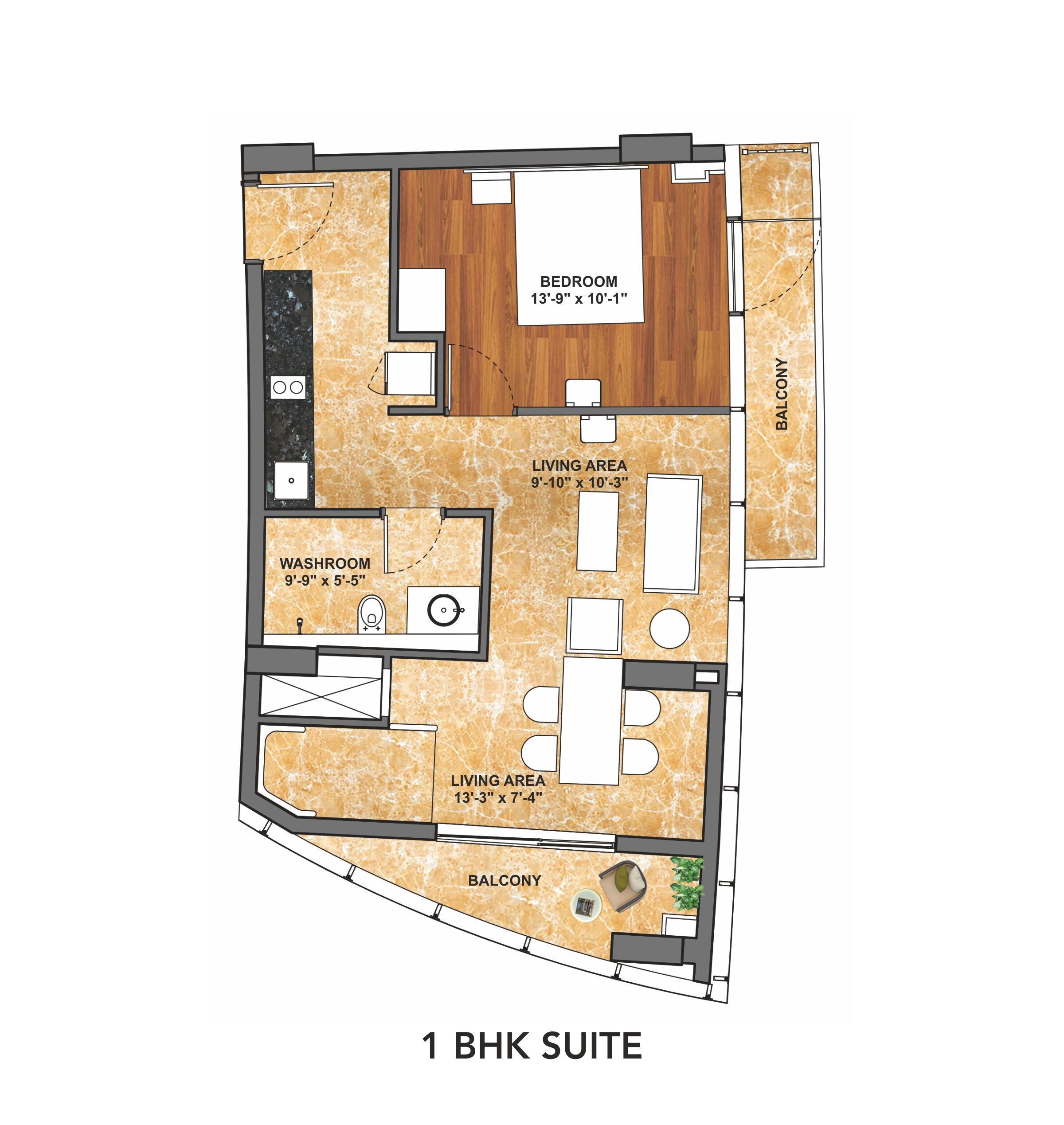 Floor plan of 1 BHK 965 Sq. Ft. Apartment in Conscient One Service Apartment, Gurgaon