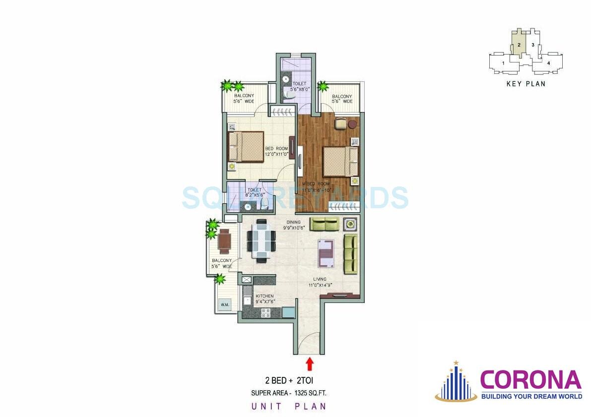 Floor plan of 2 BHK 1325 Sq. Ft. Apartment in Corona Graceiux, Gurgaon