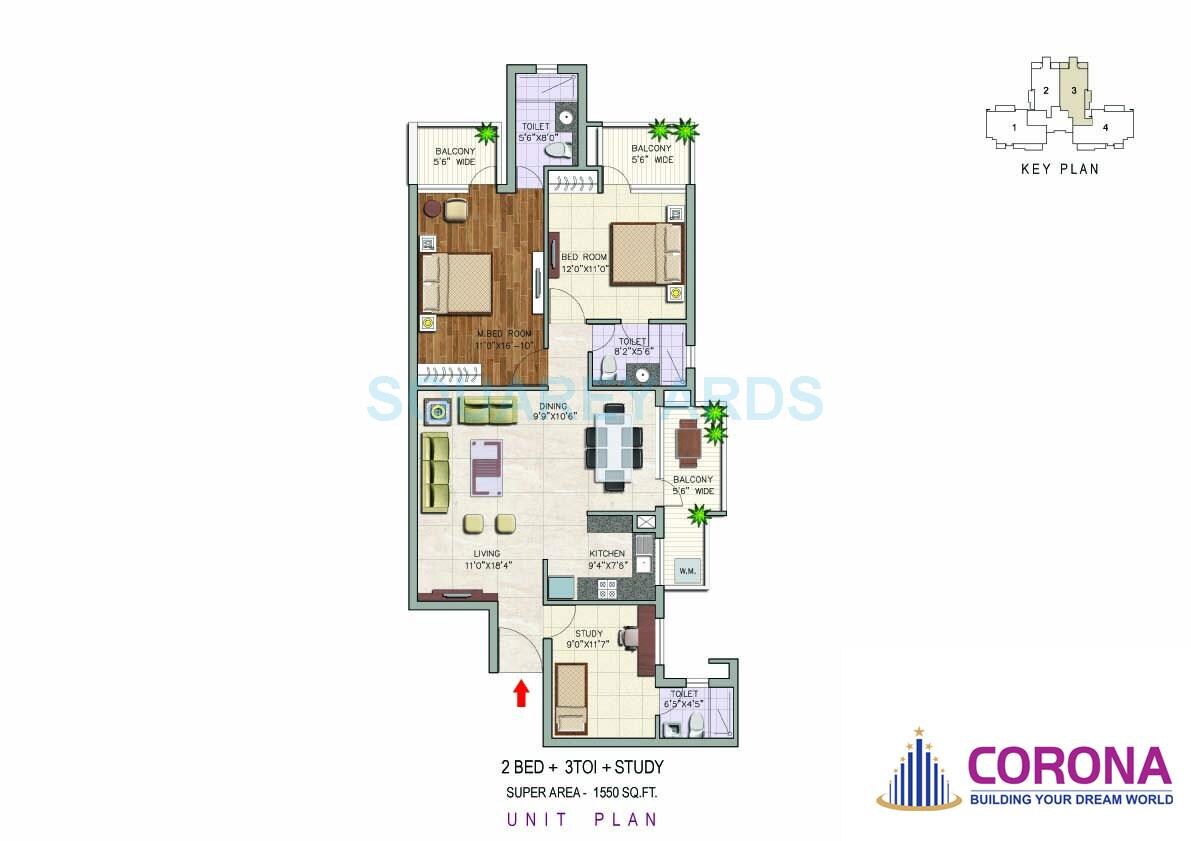 Floor plan of 2 BHK 1550 Sq. Ft. Apartment in Corona Graceiux, Gurgaon
