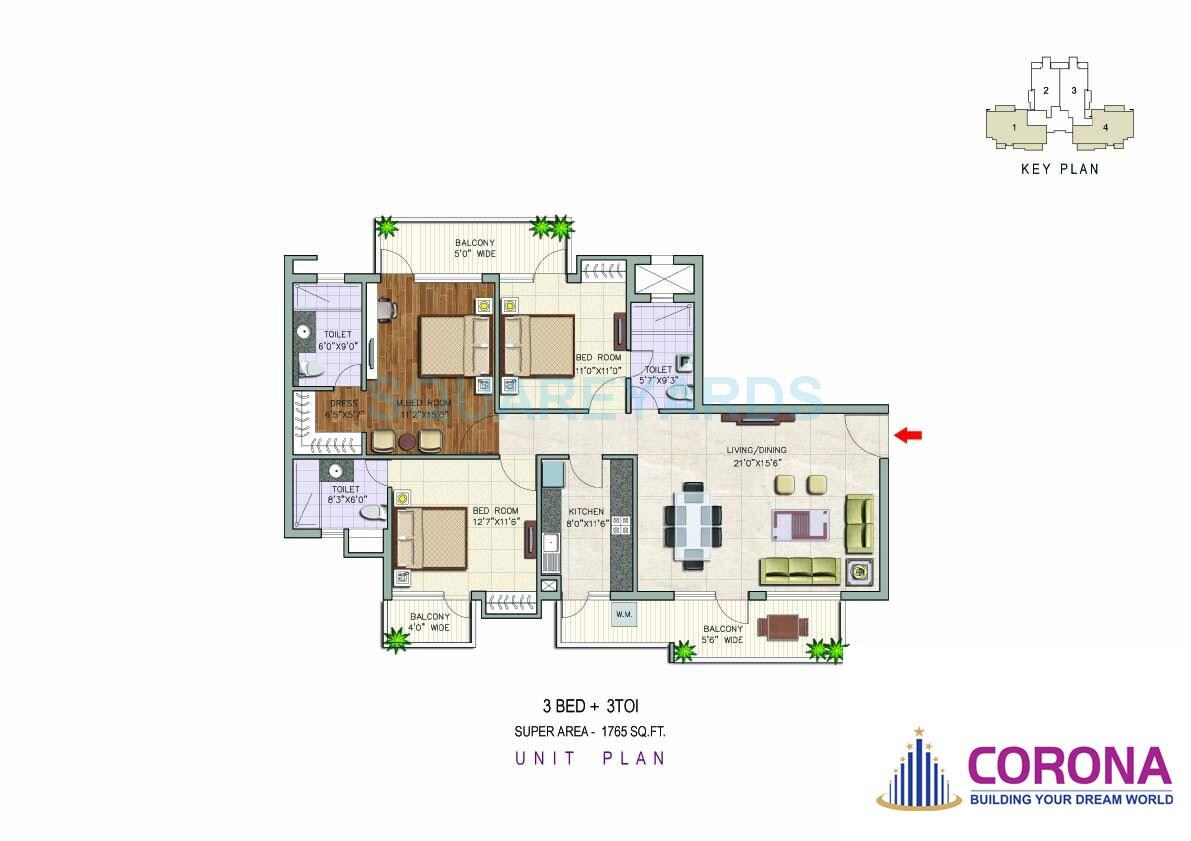 Floor plan of 3 BHK 1765 Sq. Ft. Apartment in Corona Graceiux, Gurgaon