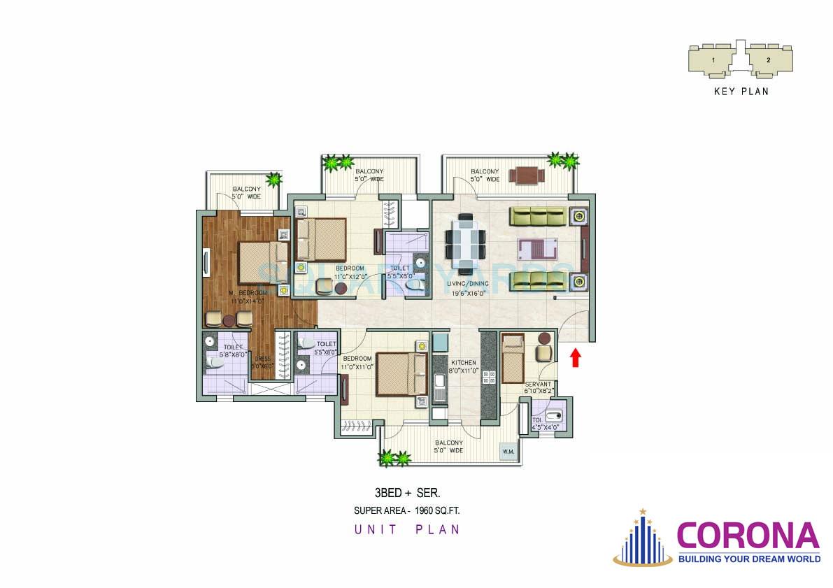 Floor plan of 3 BHK 1960 Sq. Ft. Apartment in Corona Graceiux, Gurgaon