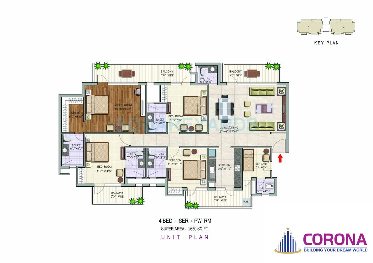Floor plan of 4 BHK 2650 Sq. Ft. Apartment in Corona Graceiux, Gurgaon