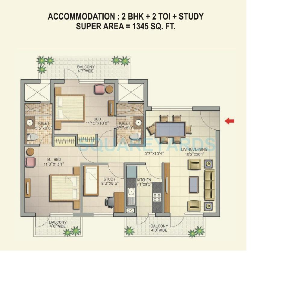 Floor plan of 2 BHK 1345 Sq. Ft. Apartment in Corona Optus, Gurgaon