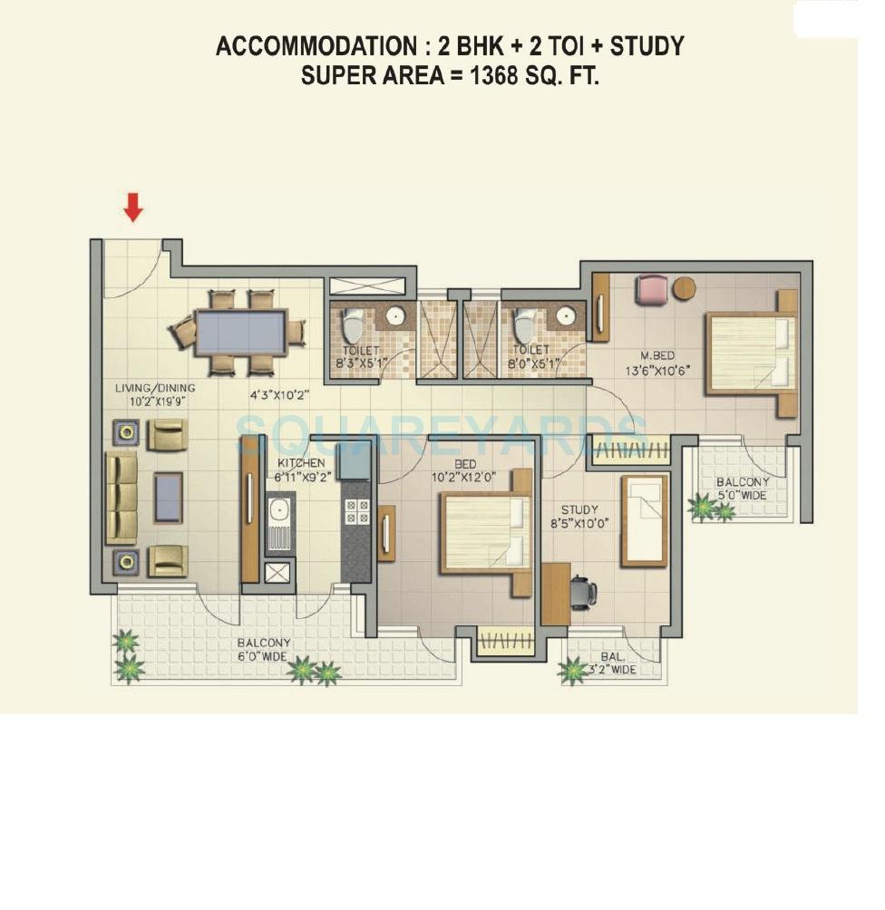 Floor plan of 2 BHK 1368 Sq. Ft. Apartment in Corona Optus, Gurgaon