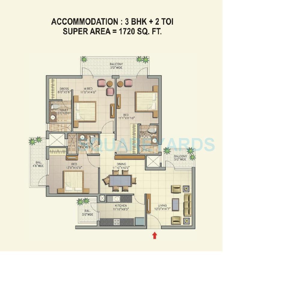 Floor plan of 3 BHK 1720 Sq. Ft. Apartment in Corona Optus, Gurgaon