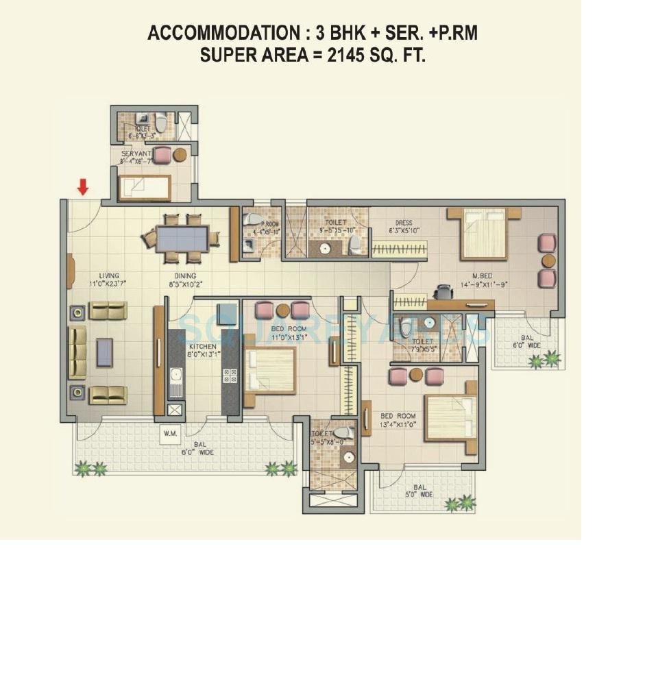 Floor plan of 3 BHK 2145 Sq. Ft. Apartment in Corona Optus, Gurgaon