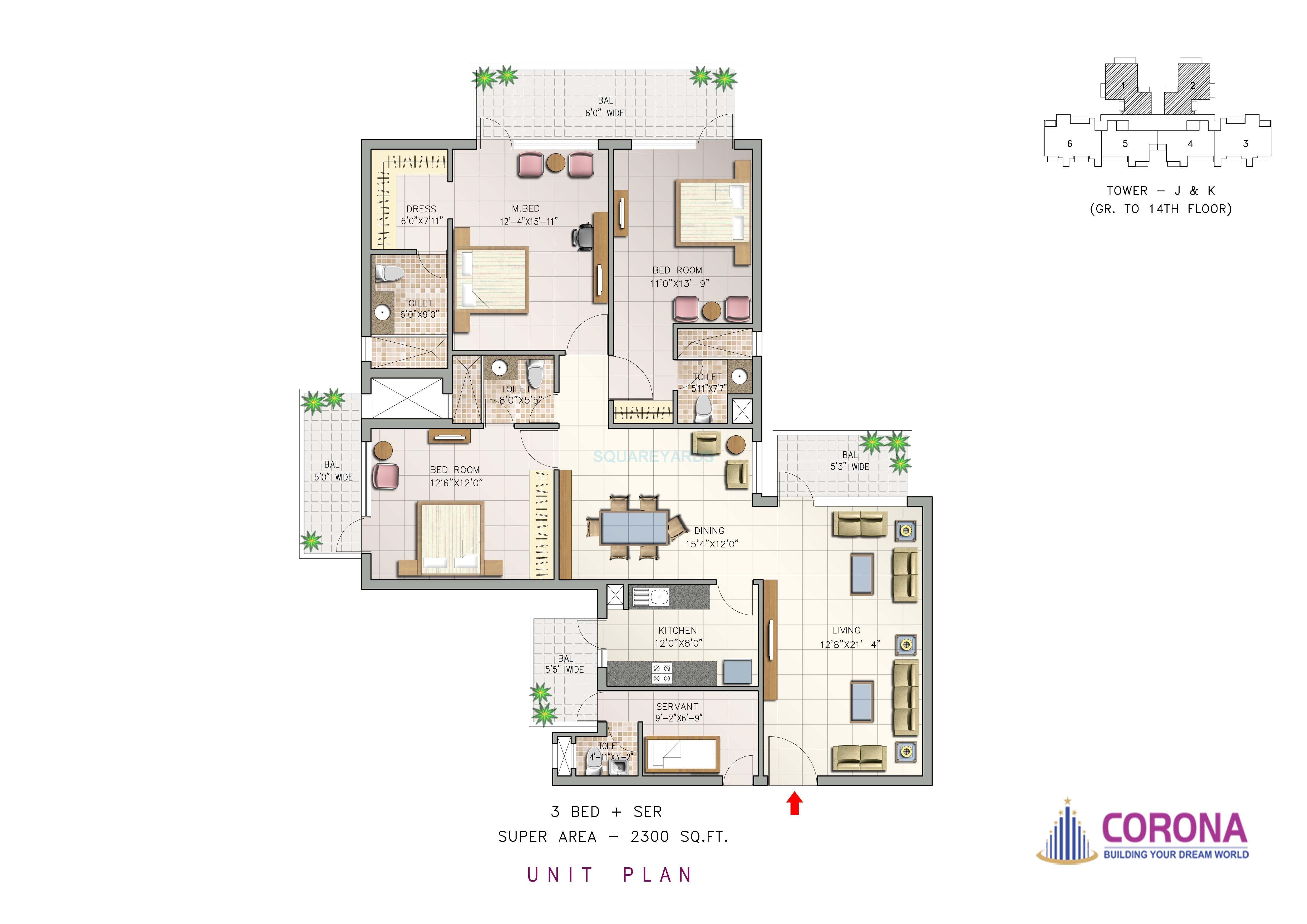 Floor plan of 3 BHK 2300 Sq. Ft. Apartment in Corona Optus, Gurgaon