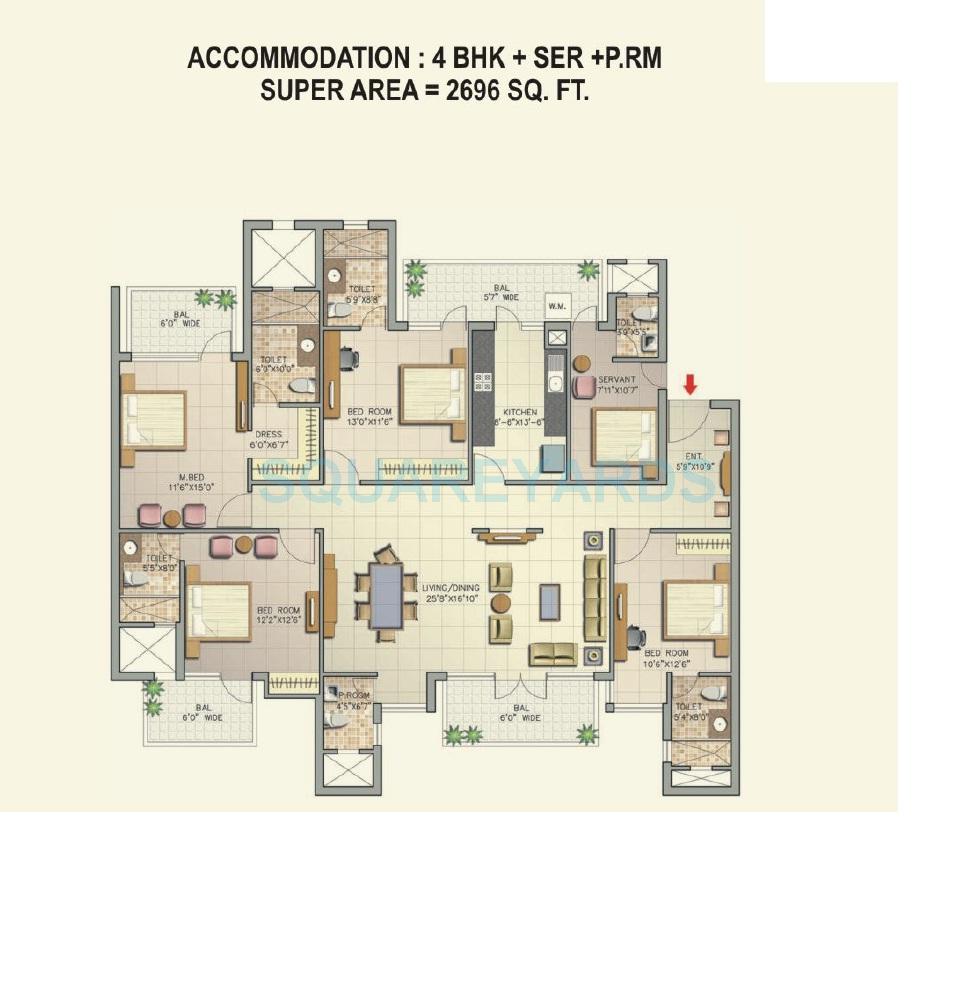 Floor plan of 4 BHK 2696 Sq. Ft. Apartment in Corona Optus, Gurgaon