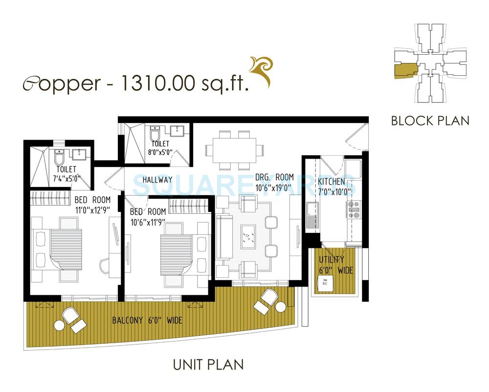 Floor plan of 2 BHK 1310 Sq. Ft. Apartment in Cosmos Express 99, Gurgaon