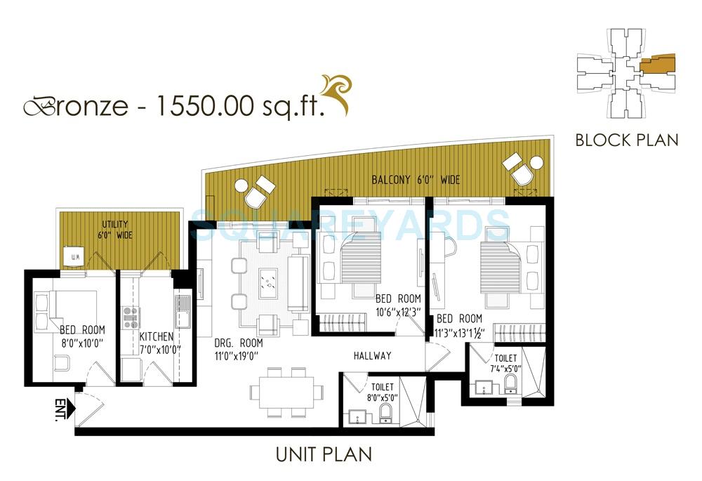 Floor plan of 3 BHK 1550 Sq. Ft. Apartment in Cosmos Express 99, Gurgaon