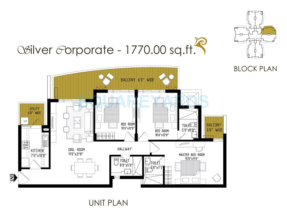 Floor plan of 3 BHK 1770 Sq. Ft. Apartment in Cosmos Express 99, Gurgaon