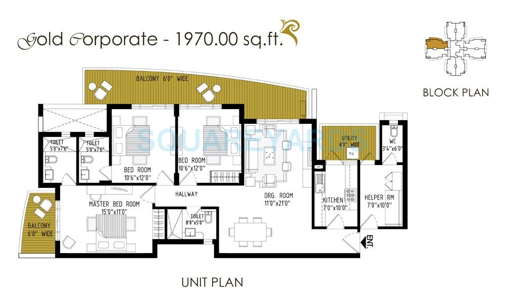 Floor plan of 3 BHK 1970 Sq. Ft. Apartment in Cosmos Express 99, Gurgaon