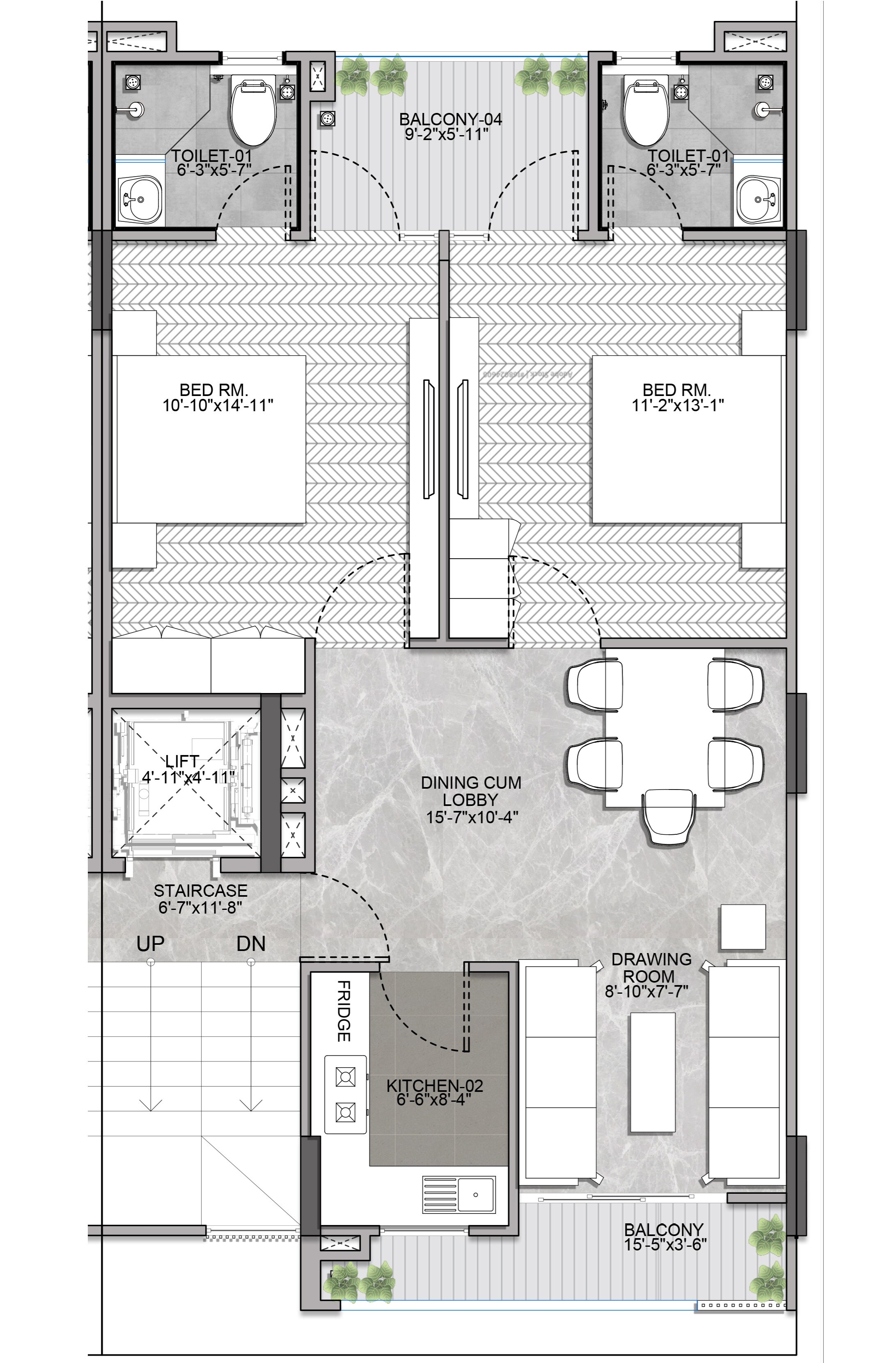Floor plan of 2 BHK 1275 Sq. Ft. Apartment in Countryside Prime Residences, Gurgaon