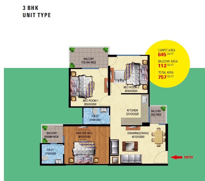 3 BHK 645 Sq. Ft. Apartment