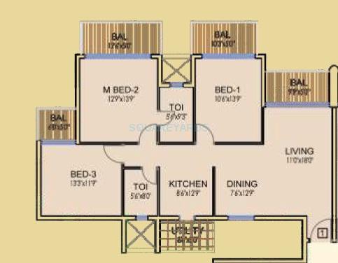 Floor plan of 3 BHK 1502 Sq. Ft. Apartment in Dhoot Time Residency, Gurgaon