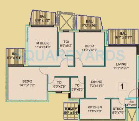 Floor plan of 3 BHK 1717 Sq. Ft. Apartment in Dhoot Time Residency, Gurgaon