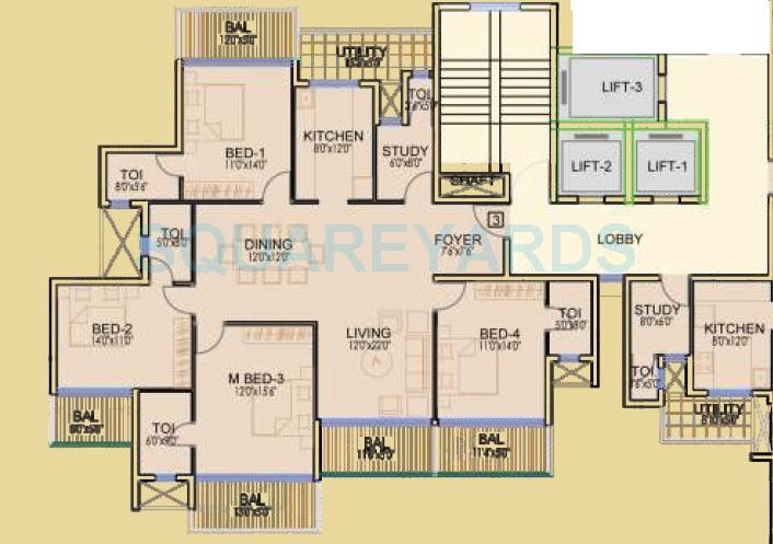 Floor plan of 4 BHK 2203 Sq. Ft. Apartment in Dhoot Time Residency, Gurgaon