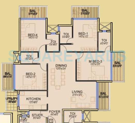 Floor plan of 4 BHK 2212 Sq. Ft. Apartment in Dhoot Time Residency, Gurgaon