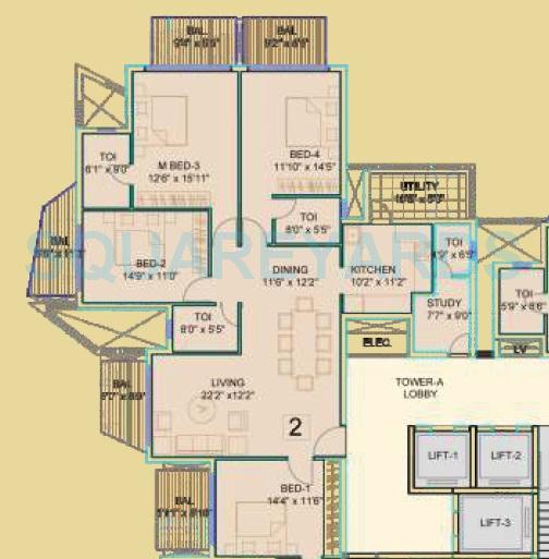 Floor plan of 4 BHK 2291 Sq. Ft. Apartment in Dhoot Time Residency, Gurgaon