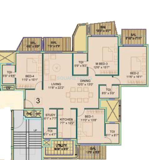 Floor plan of 4 BHK 2297 Sq. Ft. Apartment in Dhoot Time Residency, Gurgaon