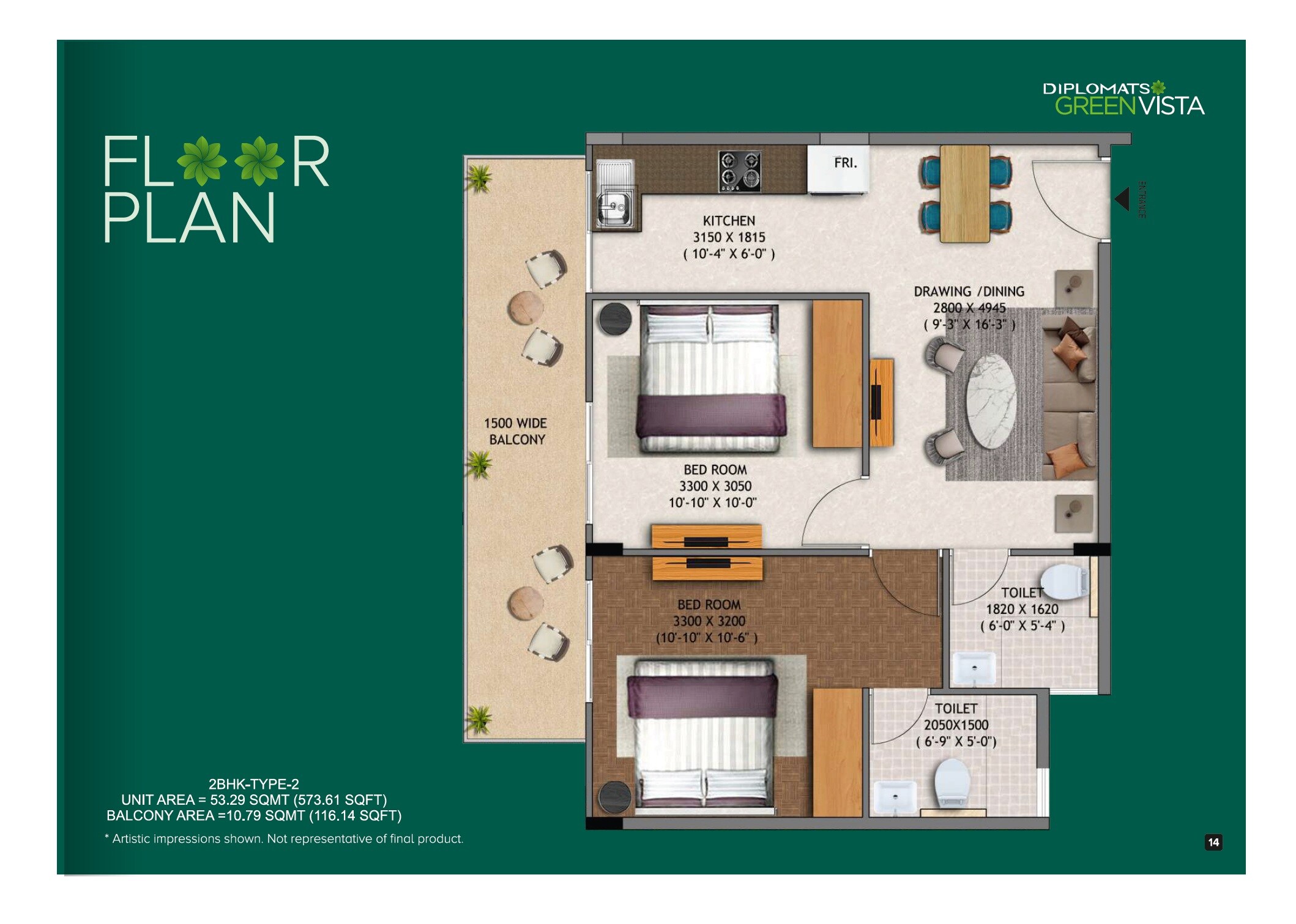 Floor plan of 2 BHK 575 Sq. Ft. Apartment in Diplomats Green Vista, Gurgaon