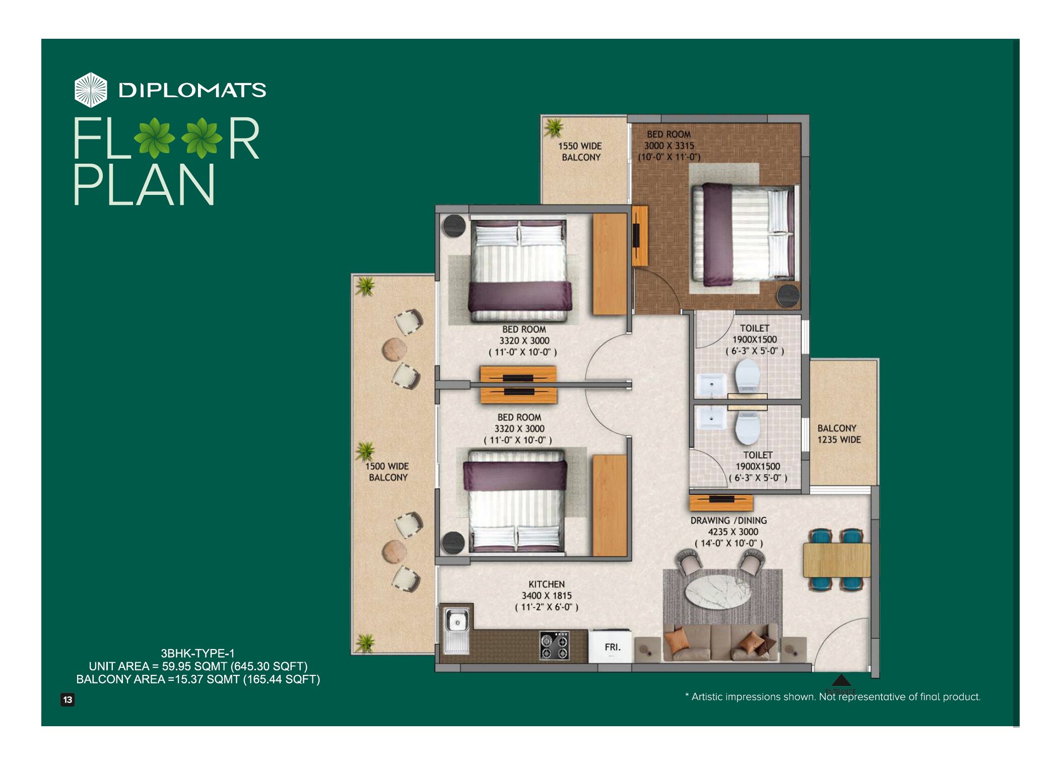 Floor plan of 3 BHK 646 Sq. Ft. Apartment in Diplomats Green Vista, Gurgaon