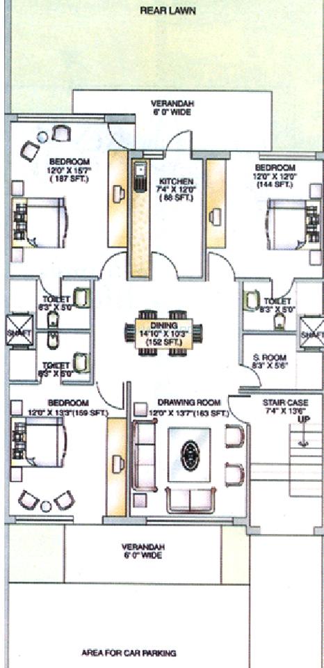 Floor plan of 3 BHK Ind Floor - 1500 sq. ft. in DLF Exclusive Floors, Gurgaon