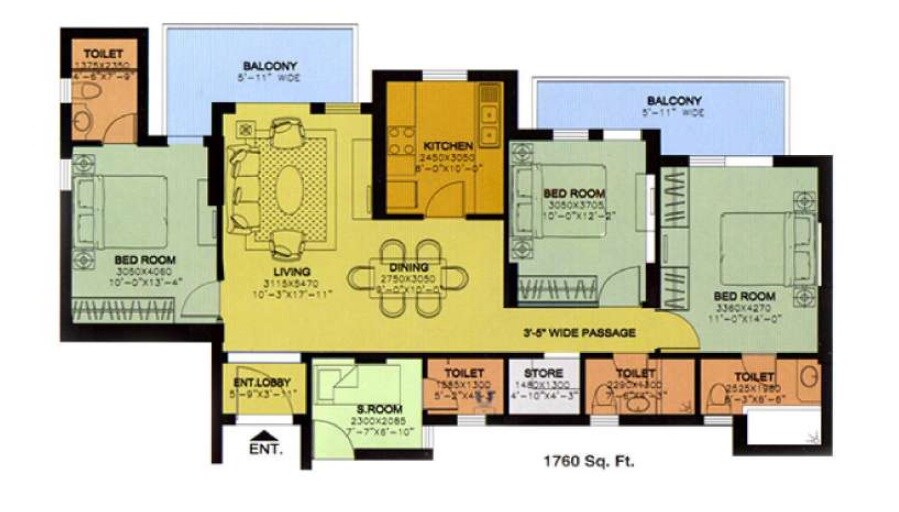 Floor plan of 3 BHK 1760 Sq. Ft. Apartment in DLF Express Greens, Gurgaon