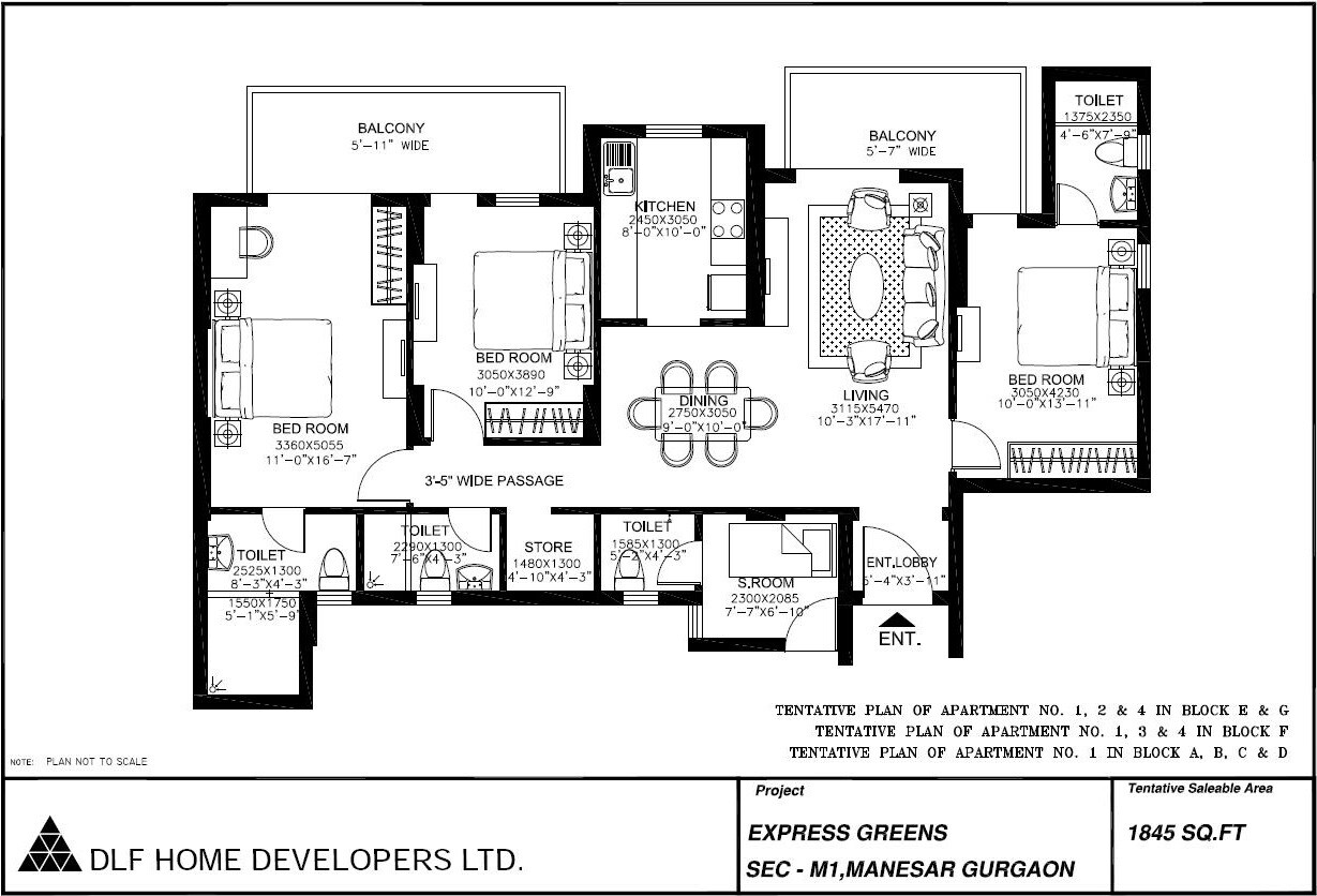 Floor plan of 3 BHK 1845 Sq. Ft. Apartment in DLF Express Greens, Gurgaon