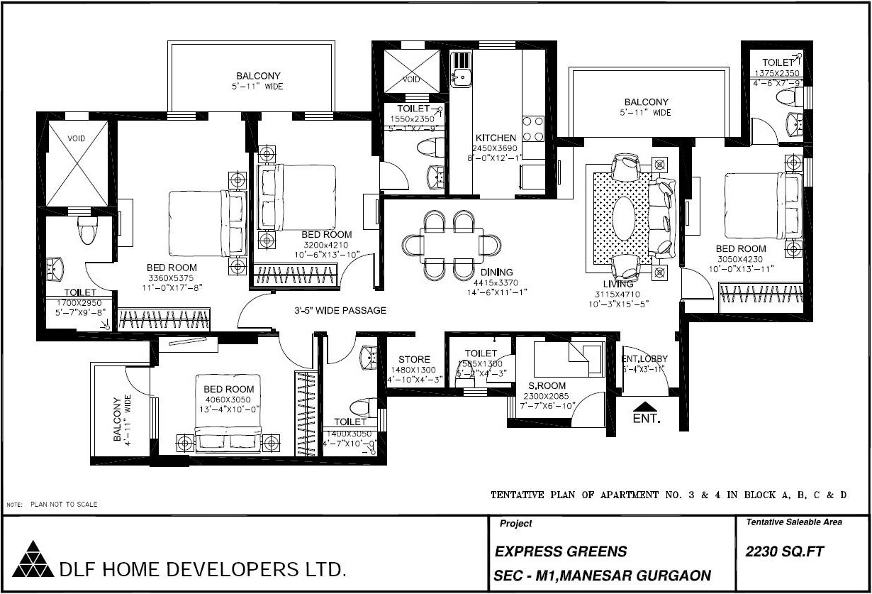 Floor plan of 4 BHK 2230 Sq. Ft. Apartment in DLF Express Greens, Gurgaon