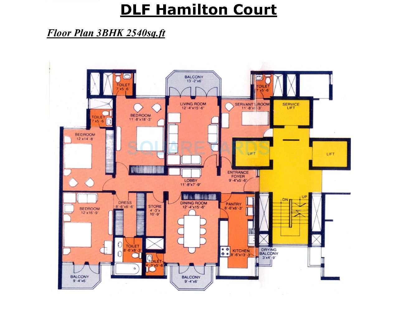 Floor plan of 3 BHK 2540 Sq. Ft. Apartment in DLF Hamilton Court, Gurgaon