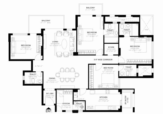 Floor plan of 3 BHK 2384 Sq. Ft. Apartment in DLF New Town Heights I, Gurgaon