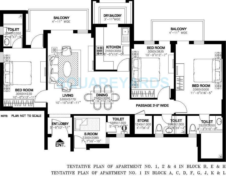 Floor plan of 3 BHK 1845 Sq. Ft. Apartment in DLF New Town Heights I, Gurgaon