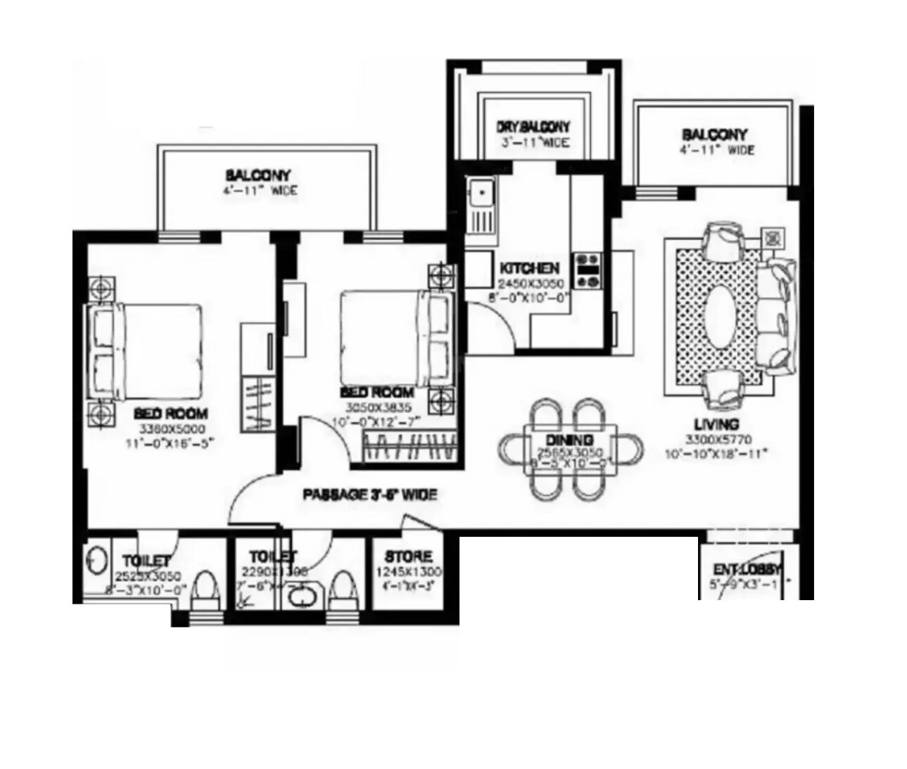 Floor plan of 2 BHK 1615 Sq. Ft. Apartment in DLF New Town Heights III, Gurgaon