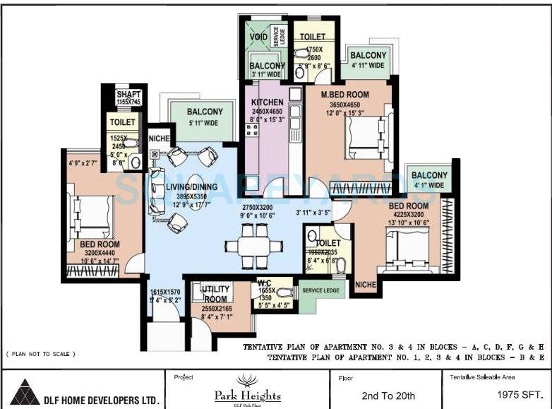 Floor plan of 3 BHK 1975 Sq. Ft. Apartment in DLF Park Place, Gurgaon