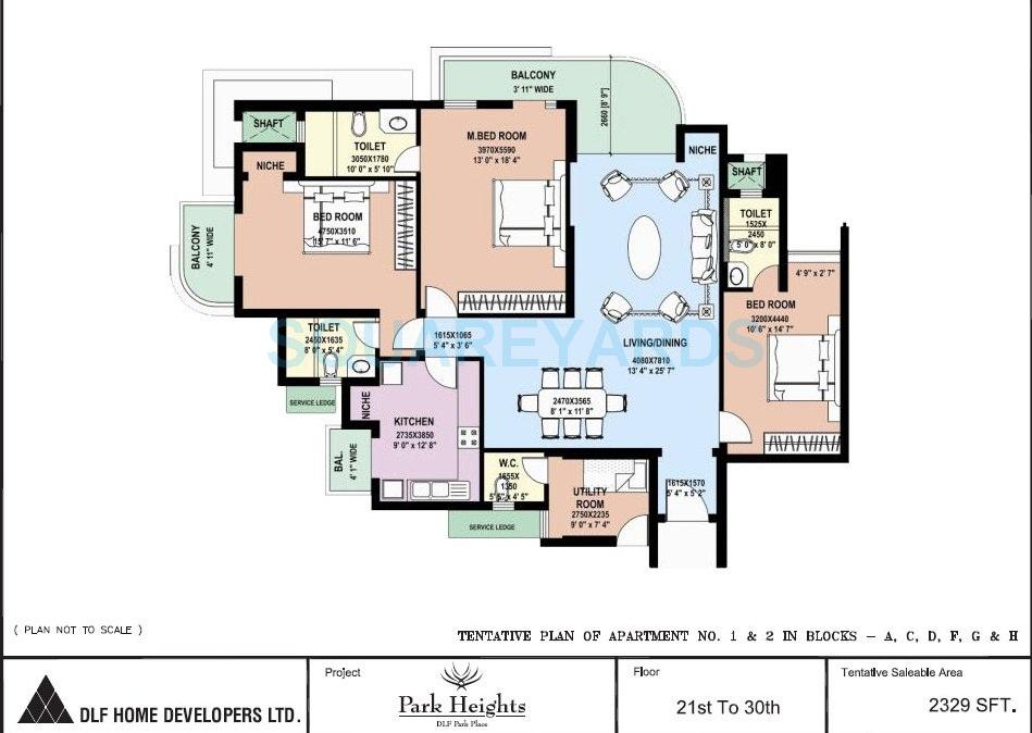 Floor plan of 3 BHK 2329 Sq. Ft. Apartment in DLF Park Place, Gurgaon