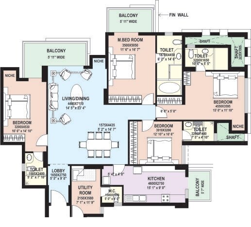 Floor plan of 4 BHK 2550 Sq. Ft. Apartment in DLF Park Place, Gurgaon