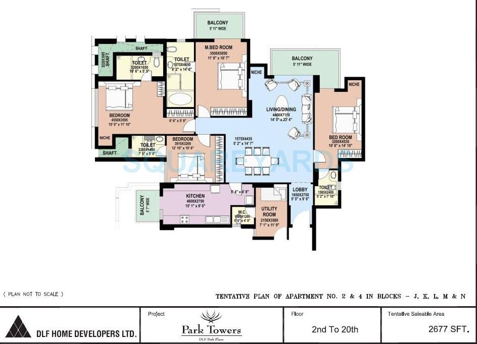 Floor plan of 4 BHK 2677 Sq. Ft. Apartment in DLF Park Place, Gurgaon