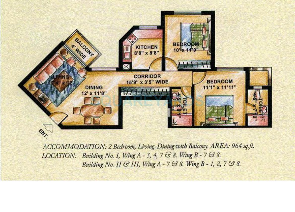Floor plan of 2 BHK 964 Sq. Ft. Apartment in DLF The Princeton Estate, Gurgaon