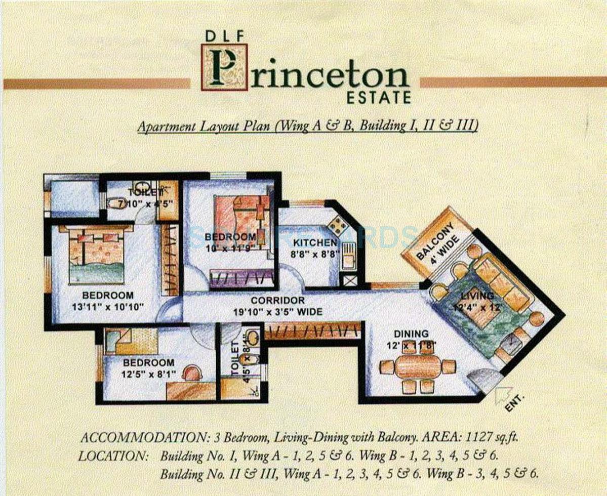 Floor plan of 3 BHK 1127 Sq. Ft. Apartment in DLF The Princeton Estate, Gurgaon